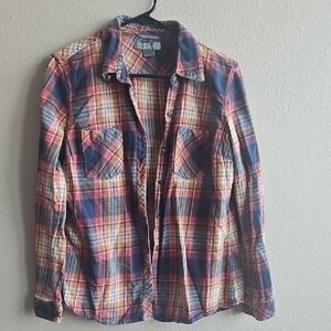 Women's Plaid Button-Up Shirt in Navy and Orange